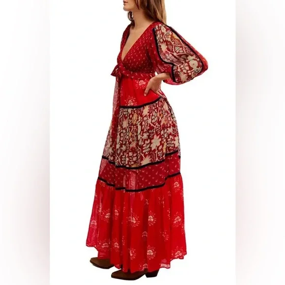 Free People Bali Laurel Bohemian Long Sleeve Red Maxi Dress - $298 - Picture 7 of 16